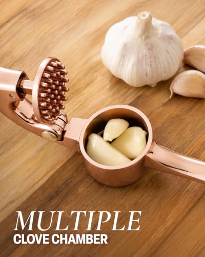 Image of Zulay Kitchen Premium Garlic Press Set - Rust Proof Professional Garlic Mincer Tool - Easy-Squeeze, Easy-Clean with Soft Handle - Silicone Garlic Peeler & Brush (Rose Gold)
