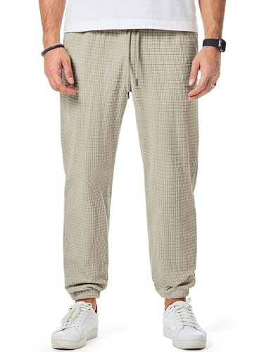 JMIERR Mens Casual Pants Waffle Textured Drawstring Stretch Elastic Waist Tapered Joggers with Pockets2