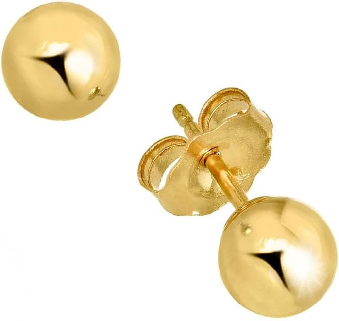 14k Real Yellow Gold Stud Ball Earrings, Gold Friction Backs - 6 mm