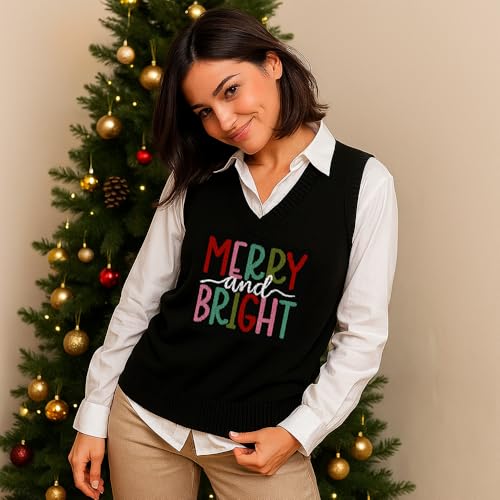 Unisex Merry and Bright Knitted Crewneck Sweater Vest Sleeveless Warm and Cozy Pullover for Men and Women Soft Comfortable Fit Casual Winter Layer Holiday Season 01 Sweater Vest XL Black2