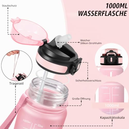 Trinkflasche- 1l- Trinkflasche Sport, Wasserflasche mit Strohhalm, Leicht zu Reinigen, Wasserflasche Auslaufsicher… – Ansicht 3
