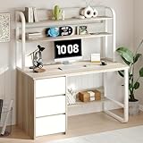 MaverickFurni 60 Inch Desk with Drawers, Computer Desk with Hutch for Bedroom, Study Writing Desk for Small Spaces, Bottom Shelves, Adjustable Feet, White and Walnut