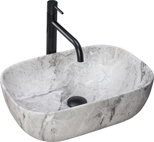 Rea Lavabo da Appoggio LIVIA STONE Lavandino bagno 465 x 335 x 135 mm in Ceramica (Grigio, imitazione pietra)