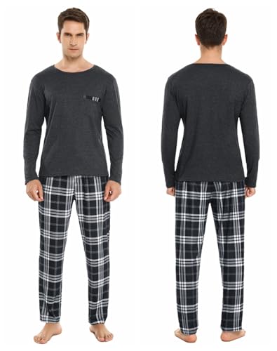 Sykooria Men's Pajamas Set Long Sleeve Cotton Plaid Loungewear Cozy Striped Sleepwear with Pockets 2 Piece Comfy Pjs Set2