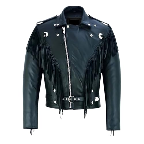 Mens Black Fringed Tassle Biker Leather Jacket- Western Cowboy Fringe Leather Jacket