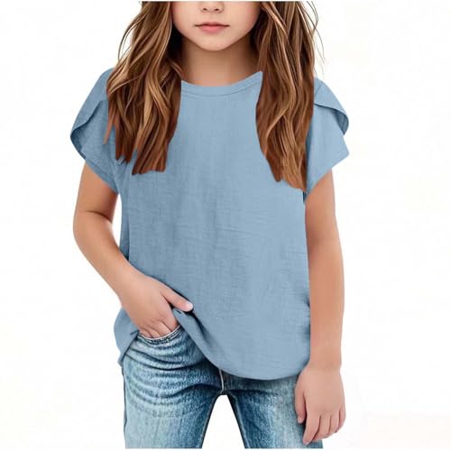 Girls' Summer T Shirts Petal Short Sleeve Crewneck Cute Casual Tops for Kids Teens