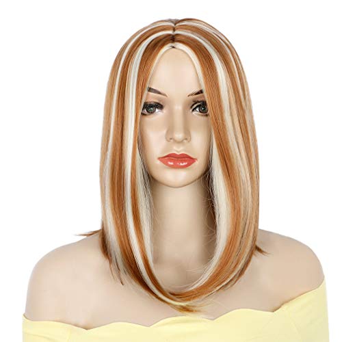 Colorful Bird Straight Short Bob Wig Middle Part Synthetic Straight Bob Wig Mixed Color Brown Highlight Blonde Bob Wig (#30 and #613) 14 inches