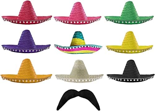 MEXICAN MULTI COLOURED SOMBREROS WITH WHITE POM POM EDGING + MOUSTACHE PERFECT FOR ANY MEXICO SOMBRERO FANCY DRESS PARTY FOR MEN AND WOMEN WHOLESALE - 1X SOMBRERO + X1 MOUSTACHE