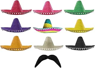 MEXICAN MULTI COLOURED SOMBREROS WITH WHITE POM POM EDGING + MOUSTACHE PERFECT FOR ANY MEXICO SOMBRERO FANCY DRESS PARTY FOR MEN AND WOMEN WHOLESALE - 1X SOMBRERO + X1 MOUSTACHE