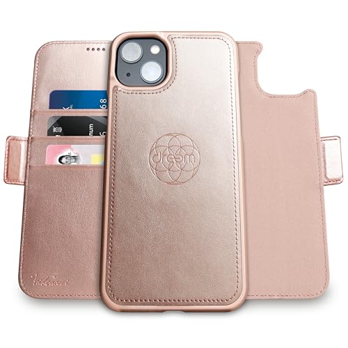 Image of dreem Fibonacci Compatible with iPhone 14 Plus Wallet case / 2-in-1 Shockproof case and Detachable Vegan Leather Folio, MagSafe Compatible, RFID Protection [Rose]