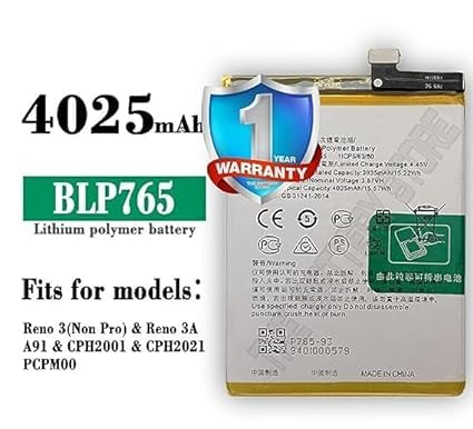 Image of THE BATTERY STORE Original BLP765 Battery for Oppo Reno 3 / A91 / F15 CHP2001 / CPH2021 PCPM00 Battery with 1 Year Warranty **** (O3)