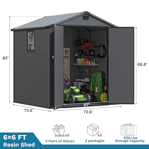 Image of Devoko 6x6 FT Plastic Outdoor Storage Shed - Lockable Resin Tool Shed with Window & Floor - Easy Assembly for Garden, Backyard, Dark Gray