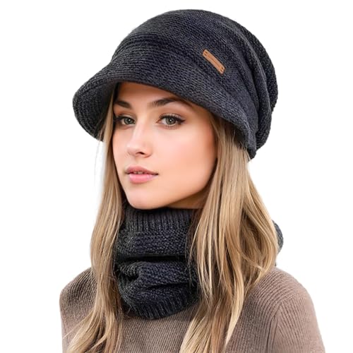 Berretto da donna, berretto da donna, invernale con sciarpa con sciarpa autunnale, set di combinazione, invernale da donna, sciarpa e berretto con visiera, fodera interna morbida, Nero , 55/60 cm Berretto da donna, berretto da donna, invernale con sciarpa con sciarpa autunnale, set di combinazione, invernale da donna, sciarpa e berretto con visiera, fodera interna morbida, Nero , 55/60 cm
