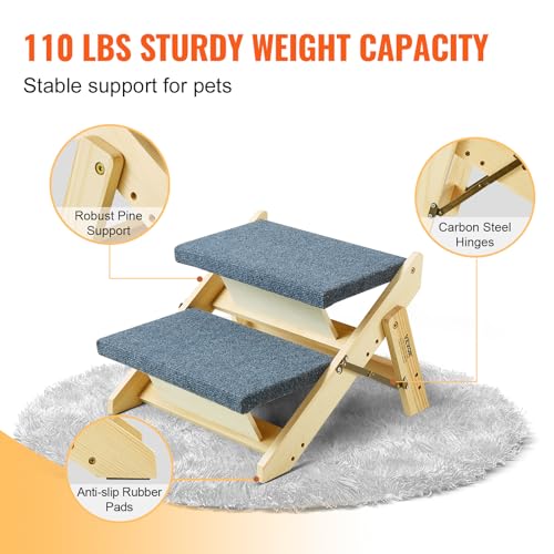 VEVOR Holz-Haustiertreppe/Haustierstufen, 2-in-1 faltbare Hundetreppe aus Holz für Betten, Sofas und Autos, Hundetreppe und Rampe mit 2 Stufen für kleine, mittelgroße und große Haustiere, bis zu 50 kg