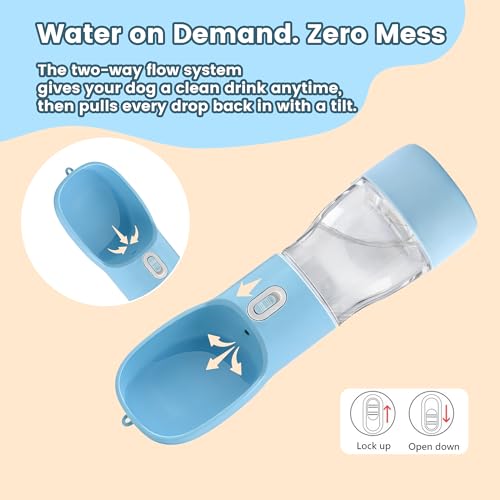 Image of Portable Dog Water Bottle with Food Container Dishwasher Safe-Blue | 3 IN1 Drinking Bottle for Pet Puppy Outdoor Walking Hiking Travel | BPA Free Leak Proof Dog Water dispenser with Bowl