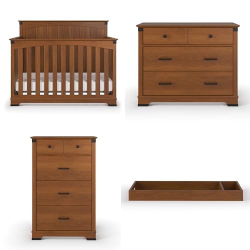 Child Craft Redmond Design 4-in-1 Convertible Baby Crib Nursery Furniture Set - Baby Bed Dresser Changing Table Topper and Chest Drawer for Babies Toddlers and Kids (4 Piece - Coach Cherry)