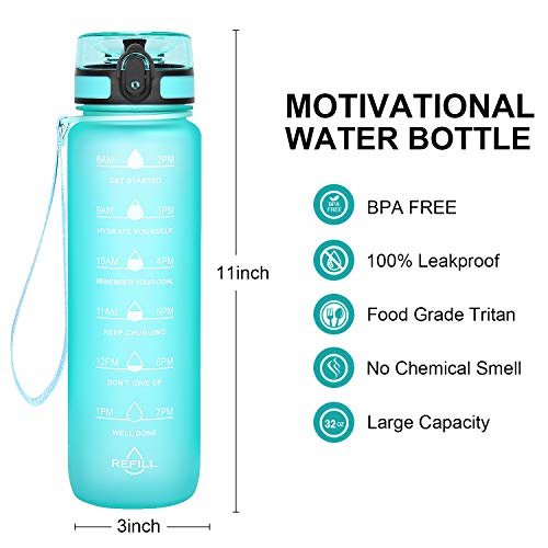 Favofit Water Bottle with Time Marker, 32 oz Motivational Water Bottle with Strainer & Cleaning Brush, Reusable & BPA Free Tritan Water Bottle for Sports & Fitness, Mint