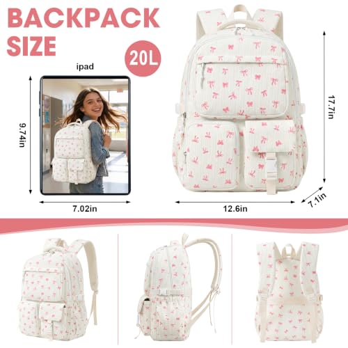 Lullawee School Backpack for Girls, Corduroy Girls Backpack with Lunch Box Pencil Case for Teens Kids, Lightweight Laptop Bookbag for Middle High School Elementary, Pink Bow — view 3
