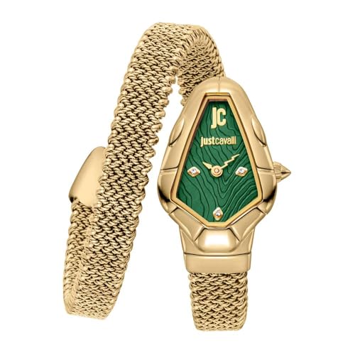 Just Cavalli Signature Snake Fiamma - Montre Bracelet à Quartz pour Femme à la Mode Bracelet et boîtier en Acier Inoxydable de Couleur Or Cadran analogique...