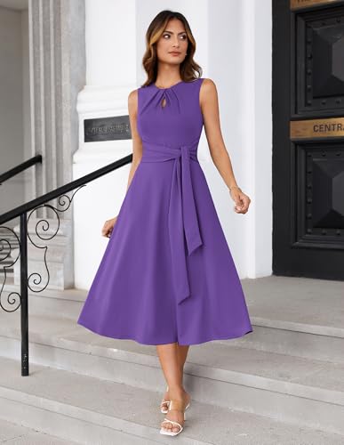 Image of GRACE KARIN Women 2026 Work Dress Sleeveless Tie Waist Elegant Party Cocktail A Line Flowy Midi Dresses with Pockets