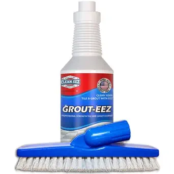 Clean-eez Grout-eez Tile Cleaner with Stand-Up Brush Head – Heavy-Duty Stain Remover for Ceramic and Porcelain Floors – Safe for Colored Grout – Not for Natural Stone – 32 oz