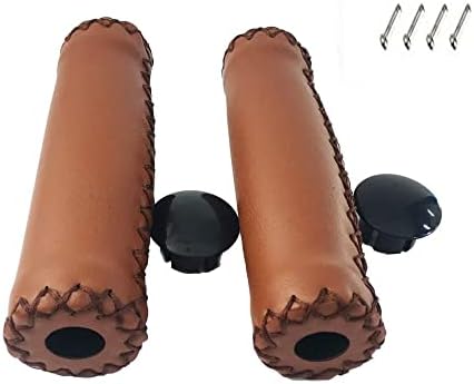 Retro Brown Bike Bicycle Soft Synthetic Leather Beach Cruiser Handlebar Cover Grips Bar with Caps for 7/8" Bike with 4pcs Brake Cable end caps