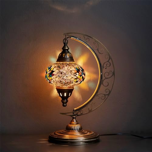 Asylove Turkish Moon Lamp, Mosaic Moroccan Table Lighting, Standing Turkish Lamp, Decor Home Floor Lighting Accessory, Total Dim. 7.5 x 11 x 18 inches (Yellow)