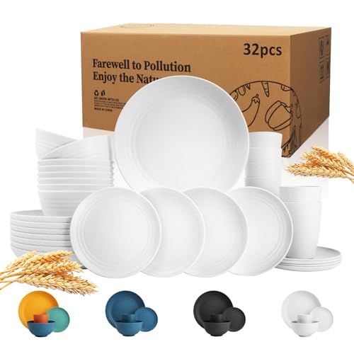 32-piece wheat straw dinnerware set, unbreakable and dishwasher safe