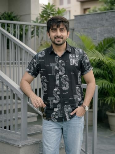Image of LAMBOO Men Stylish Premium Branded Typography Print Festival Printed Cotton Stretchable Fabric Slim Fit Half Sleeve Cut Away Collar Casual Shirt