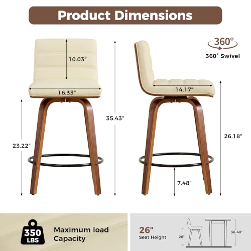 Image of Swivel Bar Stools Set of 4,26 inch Faux Leather Counter Height Barstools with Back,Mid Century Modern Upholstered Bar Chairs with Bentwood Legs Island Stools for Kitchen Counter Beige