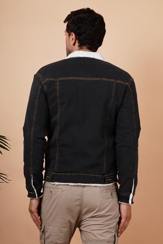 Image of Men's Winter Wear Faux Fur Denim Jacket | Stylish Denim Jacket For Men | Full Sleeve Faux Fur Lined Warm Jacket Dark Grey