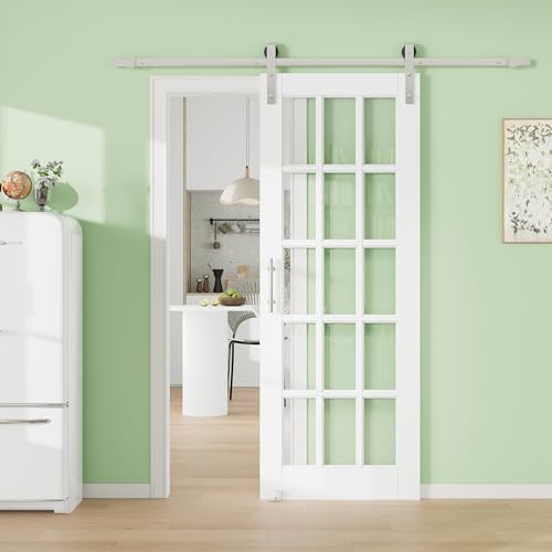 Image of 36 inch x 80 inch 15-Lite Tempered Clear Glass Barn Door with 72 inch Track Kit, Solid Core MDF Sliding Barn Doors for Closet Kitchen Bedroom Living Room, Easy to Clean & Modern Style, Nickel-Plated Hardware Kit