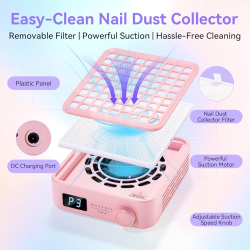 Image of Makartt Professional Nail Dust Collector - Powerful Dust Collector Nail Tech Quite Suction Machine for Acrylic Nails Manicure & Pedicure Salon & Home Use Includes 10pcs Filters & Dust Brush Pink
