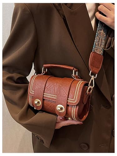 MakeMeChic Women's Faux Leather Crossbody Bag Top Handle Retro Cylinder Handbag with Printed Strap2