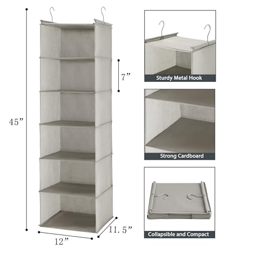 Image of MAX Houser 6 Tier Shelf Hanging Closet Organizer, Closet Hanging Shelf with 2 Sturdy Hooks for Storage,2 Pack, Foldable (Light Grey)