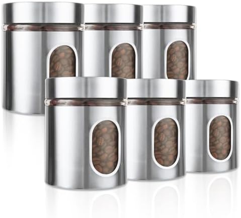 6 Pack Stainless Steel Canisters, 21 oz Kitchen Canisters Set, Ai...