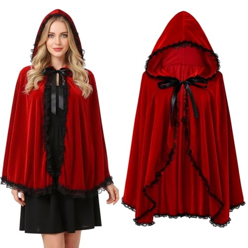JcvPot KostüM Damen, RotkäPpchen KostüM, Karneval KostüM Damen, RotkäPpchen Umhang, Spitzenbesatz, Süß, Verspielt, Modisch, FüR Kinder,...