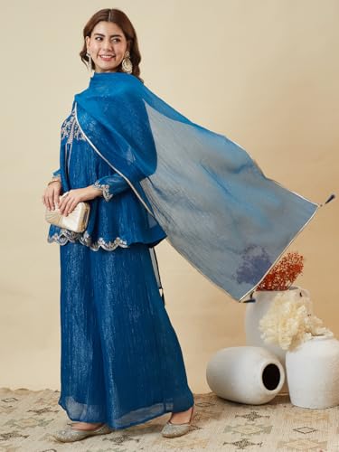 Image of MOKOSH Women's Silk Embroidered Peplum Kurta Sharara with Dupatta | Kurta Set | Ethnic Wear |Round Neck Full Sleeve Kurta | 3 Piece Outfit |Embroidered