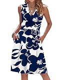AUSELILY Summer Dress 2026 Floral Sleeveless V Neck Wrap Empire Waist Dress with Pockets, White Navy Flower XL