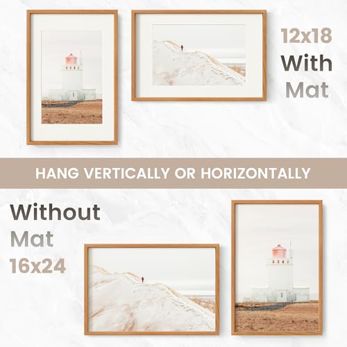 Image of 16x24 Poster Frame, USA-Sourced Natural Cherry Wood Picture Collage Frame with HD Tempered Glass, Modern Simple 16 x 24 Wooden Photo Frame Matted to 12x18, Vertical & Horizontal Wall Hanging Display