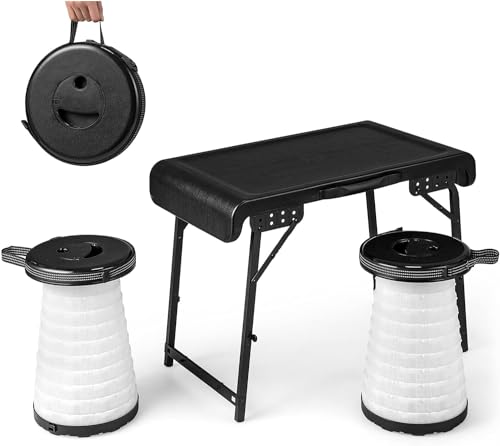 GYMAX Conjunto de Camping Plegable y 2 Taburetes LED Extensibles, Juego de Mesa y Silla de Camping Portátil y Ligero, para Playa, Patio Trasero y Picnic, Negro
