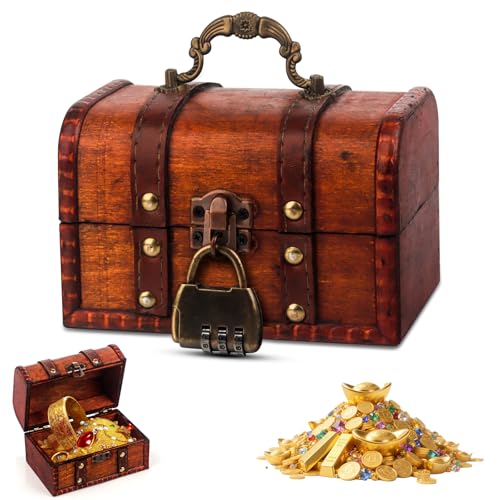 LjFrexia Vintage Holz Schatztruhe Klein Braun Schatzkiste mit Zahlenschloss Piratenschatztruhe Retro Holztruhe für Aufbewahrung Kinder Lagerung Schmuckkästchen für Aufbewahrung und Dekoration