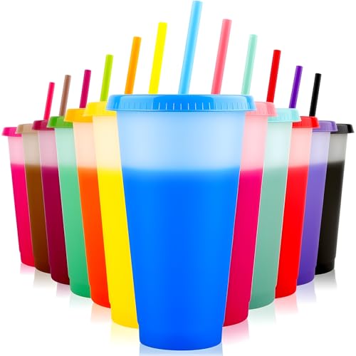 Listado de Vaso de plastico con popote que Puedes Comprar On-line. 50 AI-PIKA 30 Piezas 15 colores de Vasos Reutilizables de Plastico Sin BPA, con Tapas y Popotes 710 ml, Cambia de Color con Agua Fria, para Fiestas,Café Frío, Batidos, etc