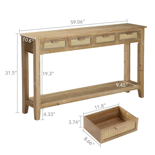 Wnutrees Farmhouse Console Table with 4 Rattan Drawers, 60\" Long Narrow Boho Foyer Sofa Tables with Open Storage Shelves for Entryway, Hallway, Living Room, Natural