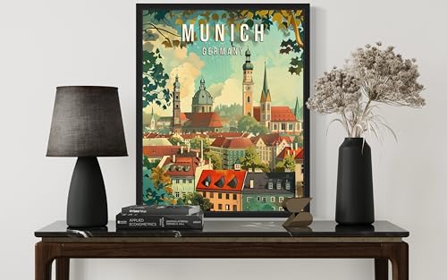 Munich Germany Art Print Poster, Europe City Skyline Artwork Painting Wall Art Vintage Painting for Bedroom Bathroom Living Room Decor 54 (Munich Germany, 8 x 10 inches, Unframed) - Thumbnail 3