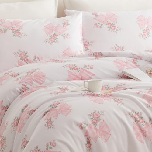 Image of Nayoroom Pink Bow Duvet Cover Queen Size Coquette Pink Floral Duvet Cover 3 Pieces Soft Lightweight Microfiber Girls Cute Aesthetic Dorm Bedding Set