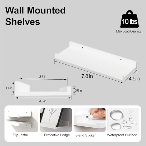 Image of Small White Floating Shelves for Wall, Shelf with Lip Set of 2, 8 in | Mini Display Ledge Shelf for Wall Decor, Wall Mounted Wood Shelves for Bedroom, Bathroom, Living Room, Kitchen, Nursery Room