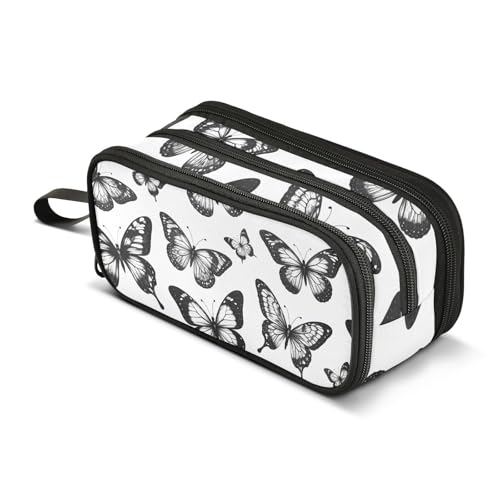 Image of Black White Butterflies Large Capacity Pencil Case Box Boys Girls Big Stationery Pen Bag Organizer Pencil Pouch Zipper Compartments for School Office