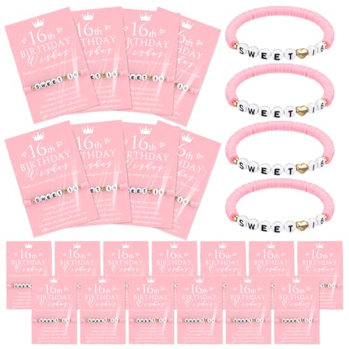 Tondiamo 25 Sets Pink Sweet 16 Birthday Gift for Guests Sweet 16th Stretch Bead Bracelets with Wish Card Quinceanera Jewelry Gifts for Friend Daughter Granddaughter Birthday Party Favor(16th Pink)
