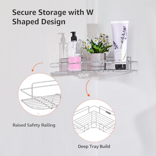 Image of Amazon Basics Self-Adhesive Corner Shelf | No-Drill, Wall-Mounted Organizer for Bathroom, Kitchen & Living Room - Premium Rust Proof GI Metal, 27 x 27 x 6 cm, Chrome, Pack of 2